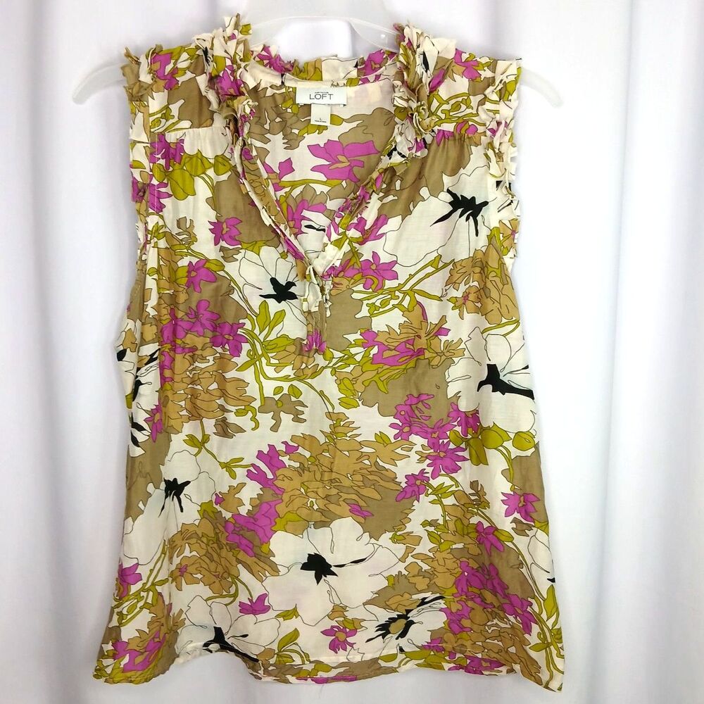Ann Taylor Loft Floral Tank Blouse Silk Blend Slvless Top Ruffle V-Neck Women XS